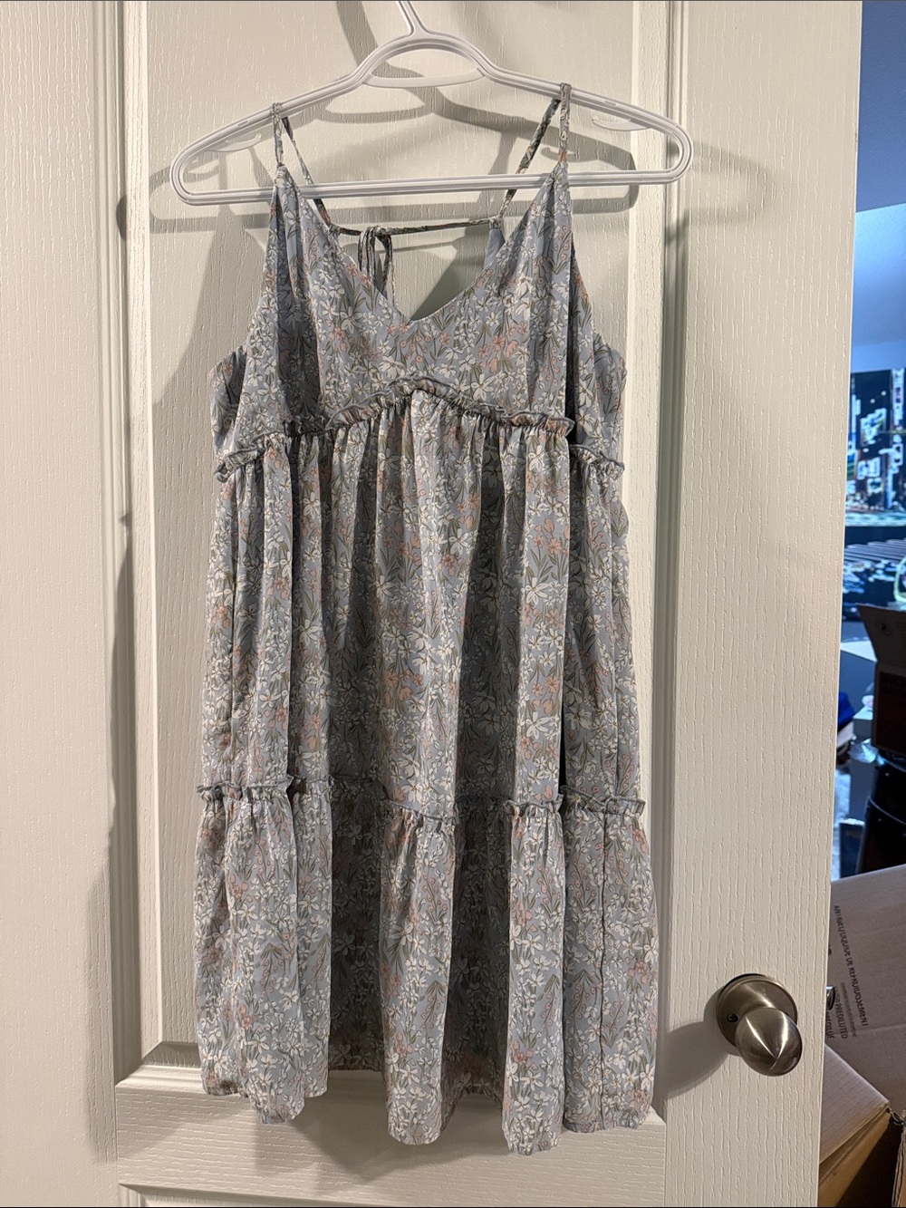 Light Blue Floral Tiered Spaghetti-Strap Sundress
